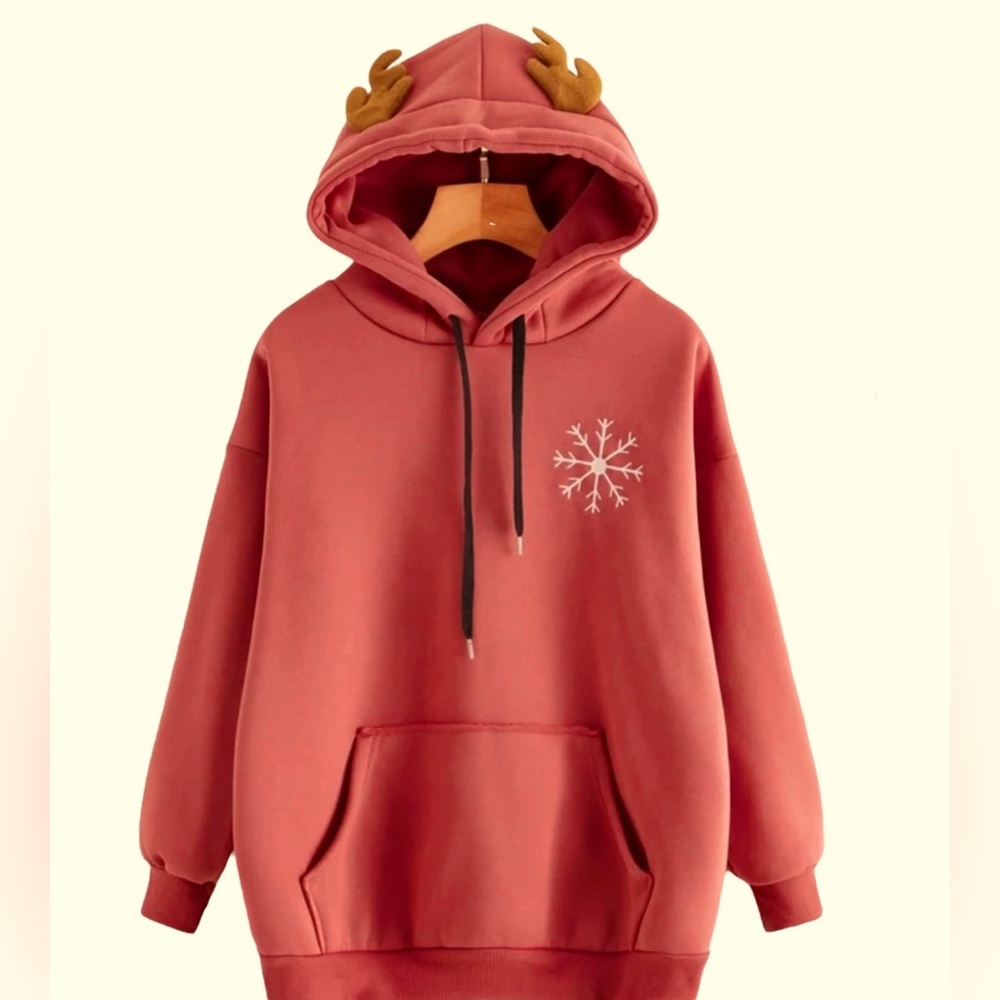 NWOT Pullover Kangaroo Pocket Reindeer Ear  Hoodie Orange  Oversized Unisex Sz M